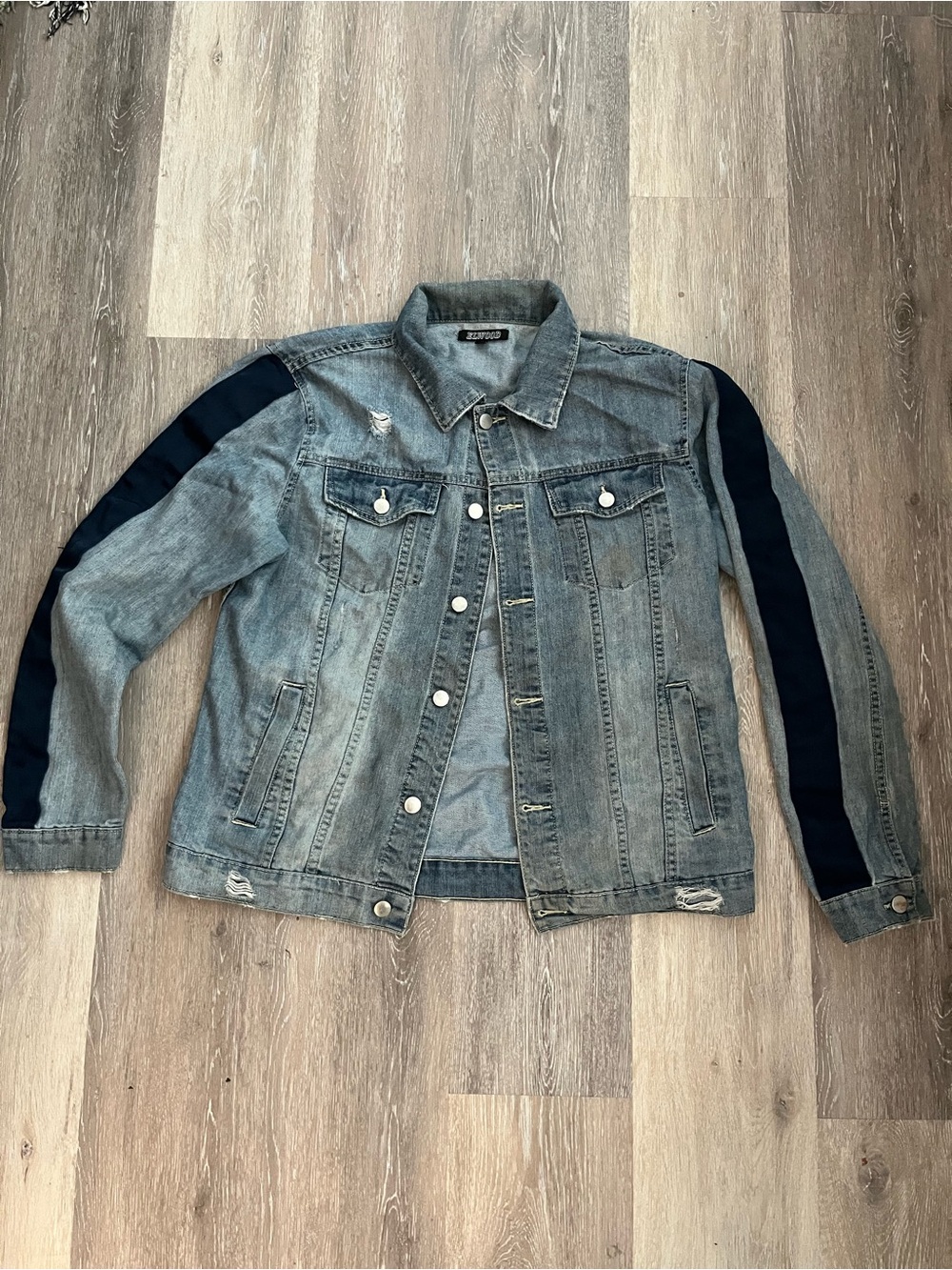 Elwood Denim Jacket Trucker Mens Medium Light Wash Distressed Racing Stripe Y2K